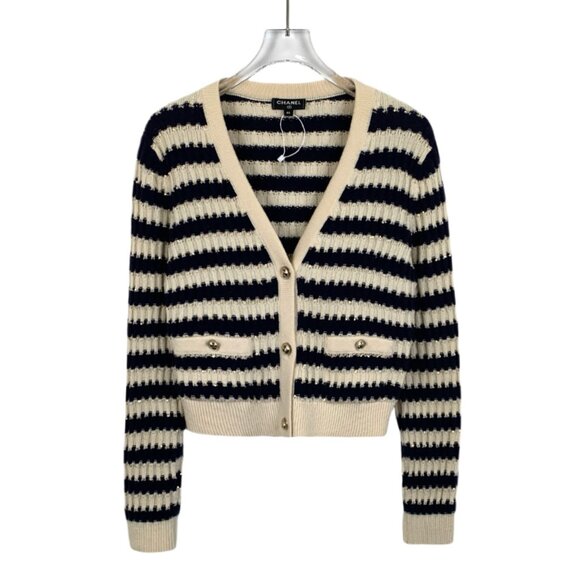 Chanel Colorblock Striped Sequin Cashmere V-Neck Long Sleeve Knit Cardigan - Picture 1 of 8